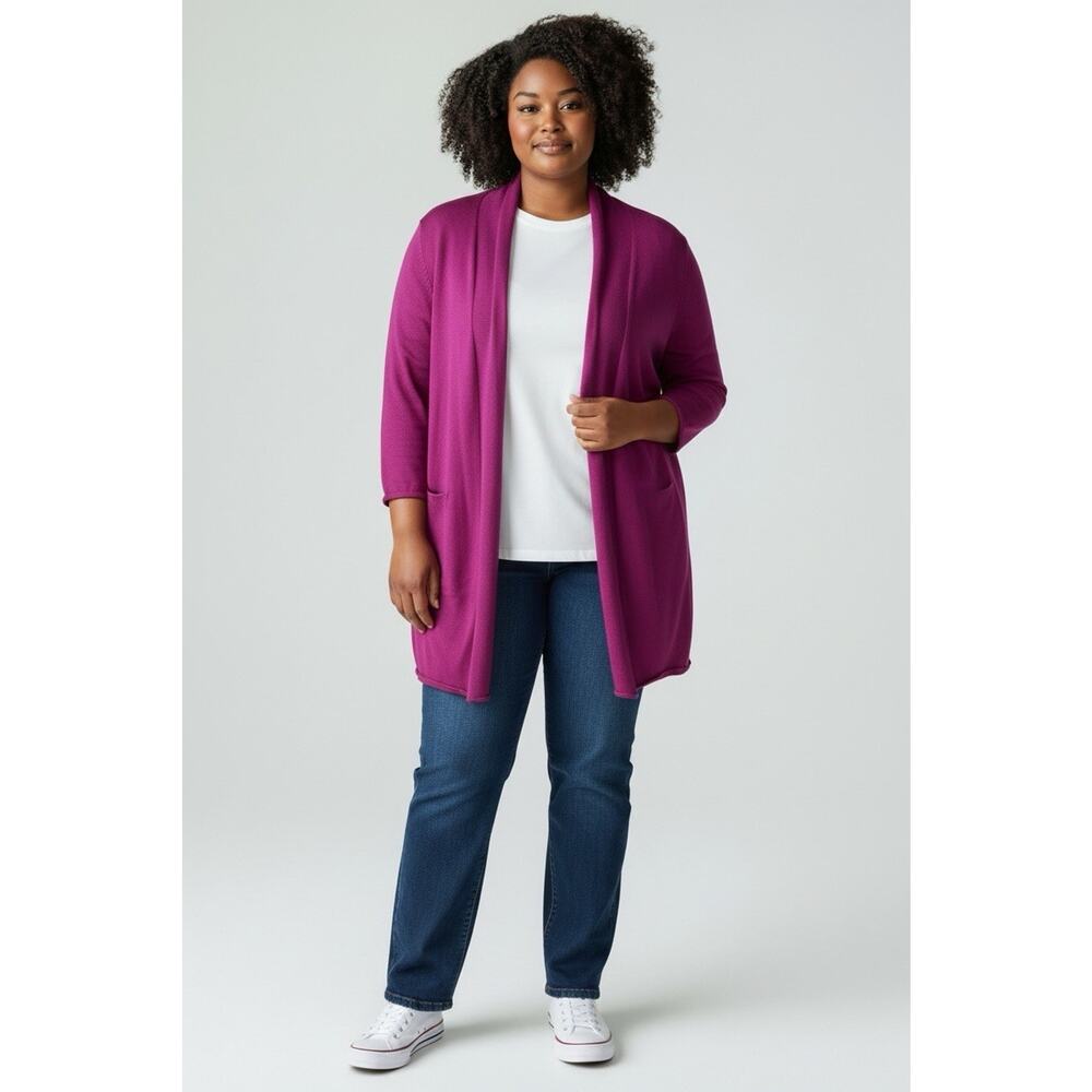 CJ Banks Magenta Purple Open Front 3/4 Sleeve Cardigan Sweater Mix Media 3X